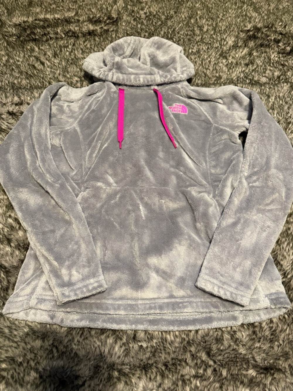 The North Face Light Gray Plush Hoodie with Pink Logo & Drawstrings